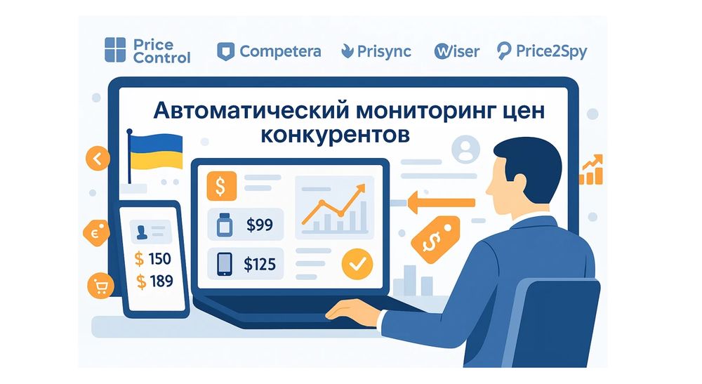 Автоматический мониторинг цен конкурентов — бизнес-аналитик смотрит на дашборд с графиками, товарами и ценами, на фоне размещены логотипы сервисов PriceControl, Competera, Prisync, Wiser и Price2Spy.